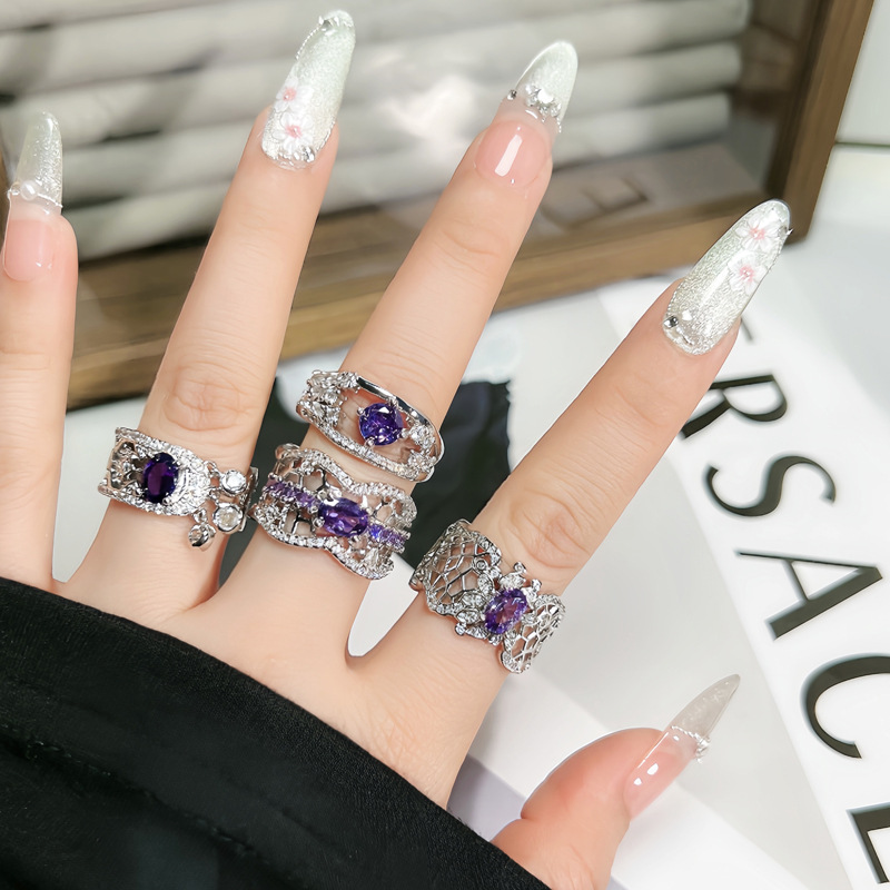 Sweet and cool, hollowed-out purple diamond, light luxury and high-end open ring, cold and elegant feminine style, niche design sense, exquisite ring details Picture
