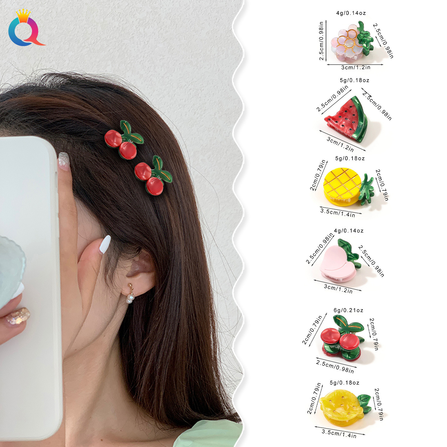 Wholesale of Qiyue Cross-border acetic Acid small hair clips, fruit ins bangs side clips, updo hair clips, shark clips and hair accessories details Picture
