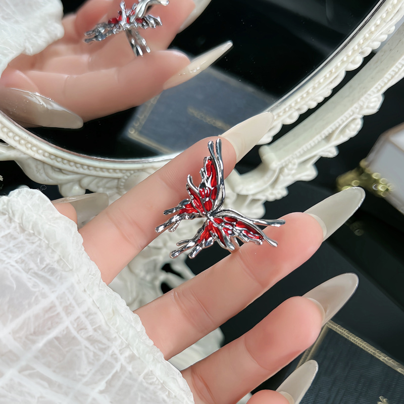 New irregular texture liquid butterfly opening ring for women, sweet and cool red drip glaze, simple and individual, trendy index finger ring details Picture