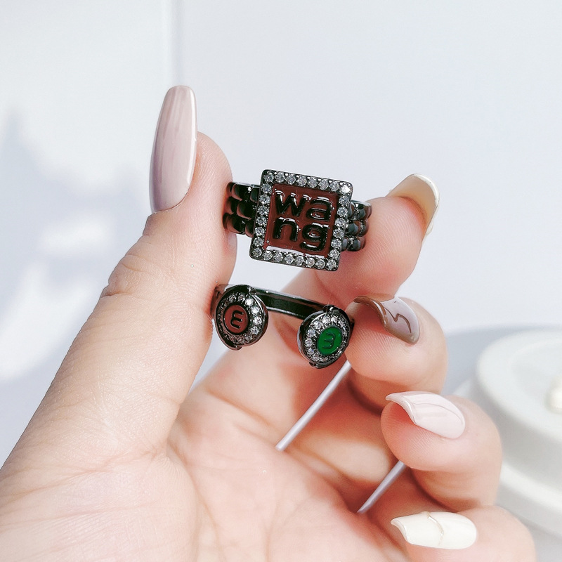 Cool dark punk letter micro-inlaid zircon open ring for women on Instagram, cold style, individual, exquisite and versatile ring Specification drawing