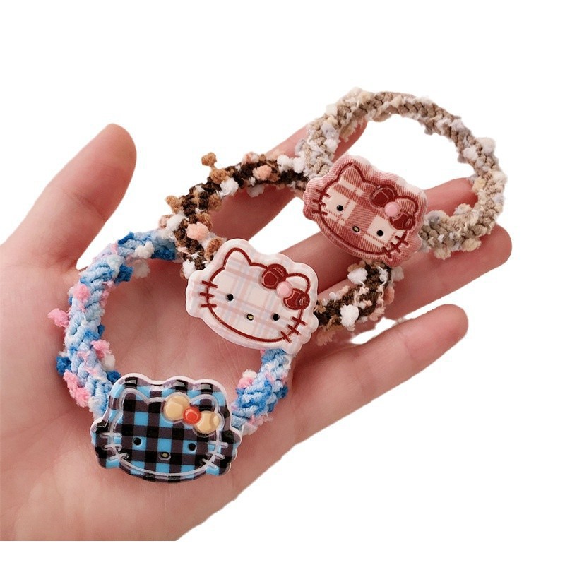 Cute cartoon checkered cat hair bands, high-elasticity hair ties for women in autumn and winter, hair ties, leather bands, hair ties and headwear wholesale Item Picture