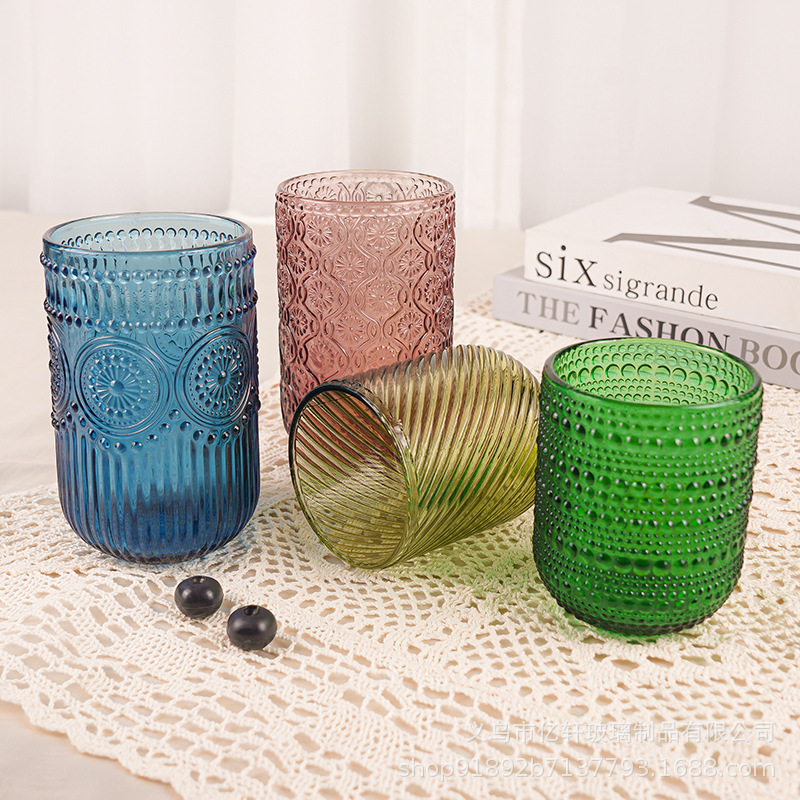 Factory wholesale European-style retro export hotel mouthwash cups, embossed juice cups, thickened glass milk cups, creative full figure