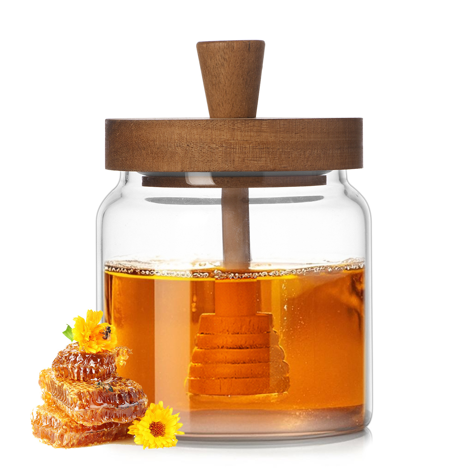 Honey storage bottle, high borosilicate glass sealed jar, wooden cap, stirring rod, transparent bottle, kitchen storage jar full figure