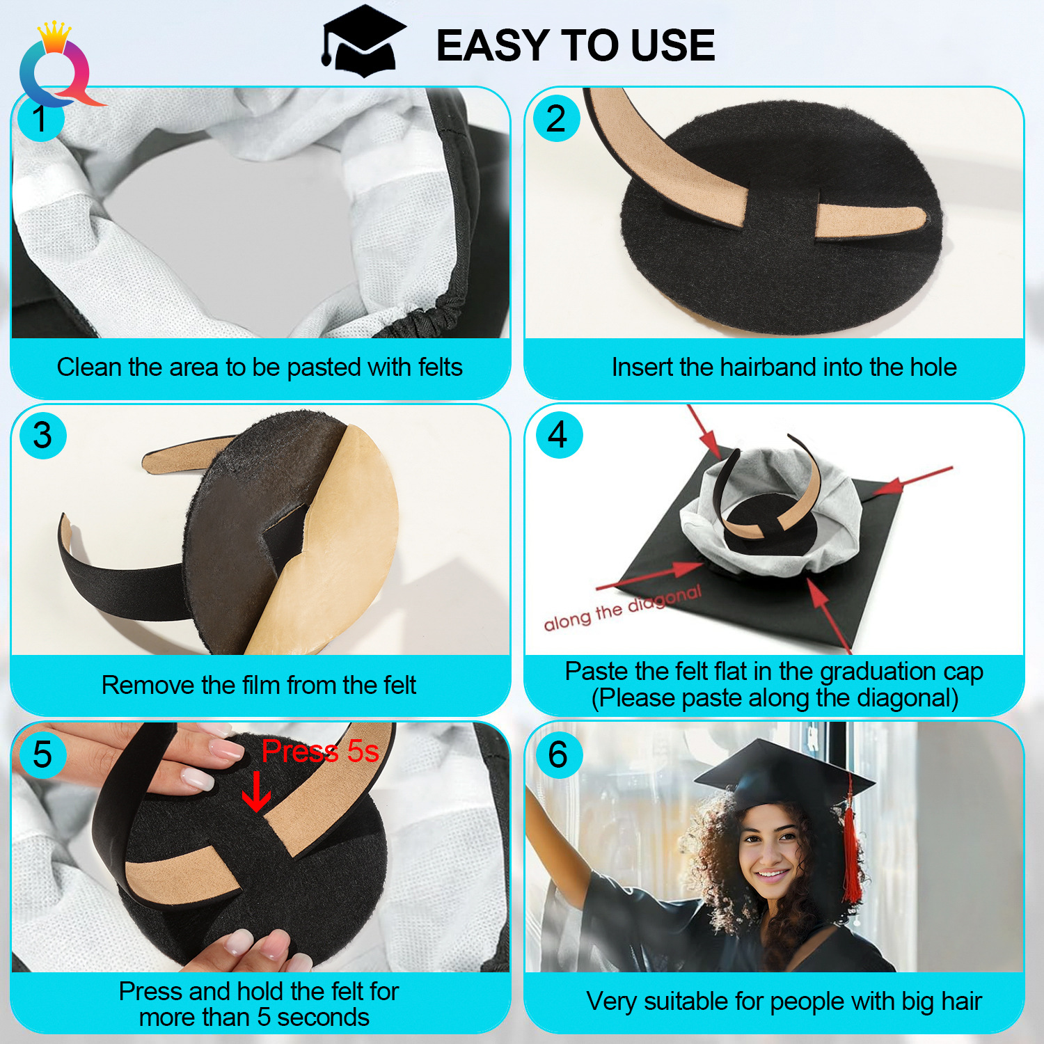 Qiyue Cross-border Graduation Season: Doctoral Cap, hair band, bachelor's cap, hair band, Hair clip, Graduation outfit, photo props Specification drawing
