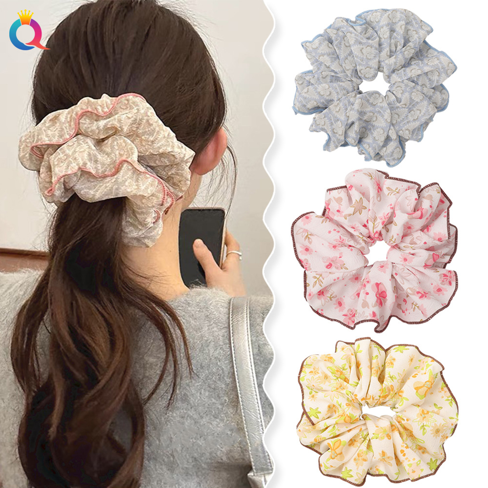 Qiyue Cross-border Floral-patterned Large Intestine Hair Band, Fresh fabric pleated large Intestine Hair Band, all-purpose hair tie, hair accessory wholesale details Picture