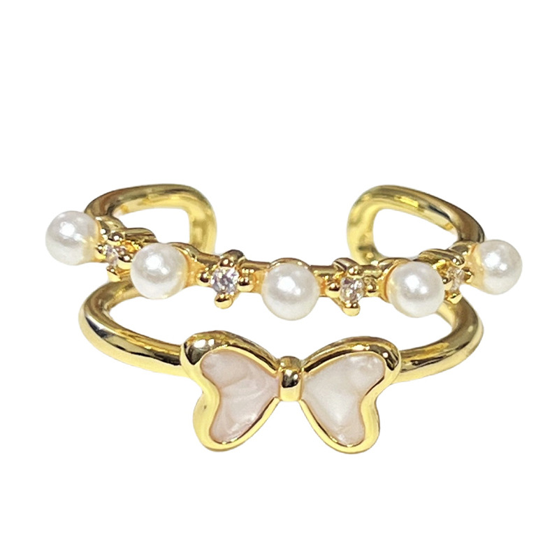 Korean-style light luxury small diamond pearl inlaid elegant ring, women's bow, niche design, sweet and cool, versatile ring Item Picture