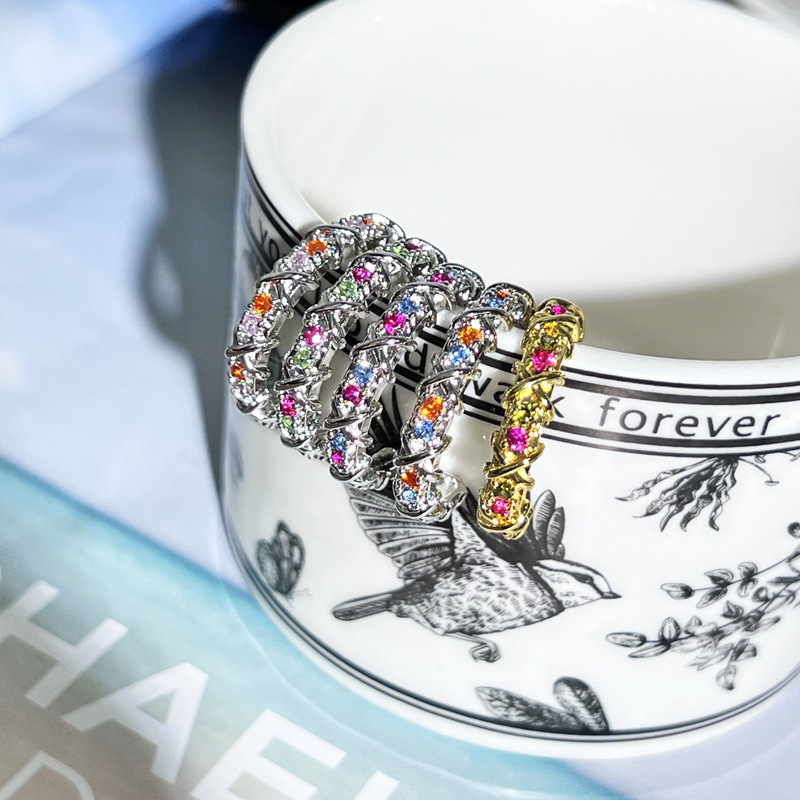 New high-end colored zircon cross kaleidoscope fashion ring, a cross-border bestseller for women, simple and elegant index finger ring full figure