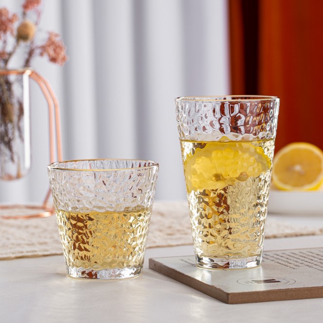 Golden edge hammer-patterned cup, Japanese hammer-patterned cup, beverage cup, glass cup, glass water cup, juice cup, transparent gilded hammer-patterned cup Specification drawing