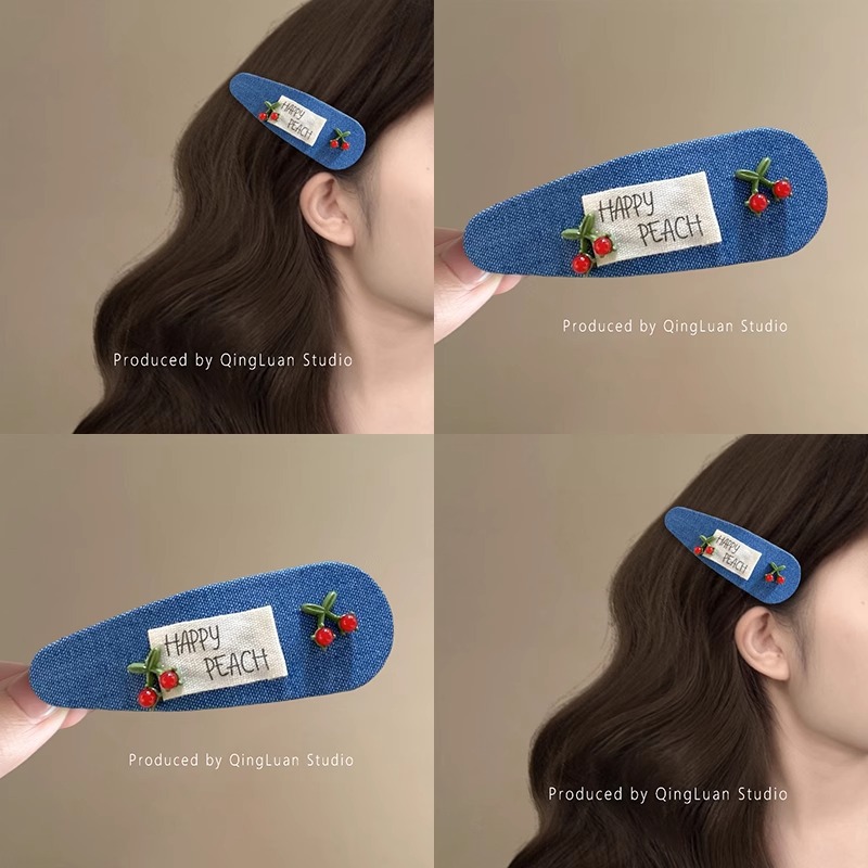 Deep blue denim fabric, red cherry rhinestone hair clips, new women's hair accessories, cute side clips, bangs clips, BB clips, duckbillon clips full figure