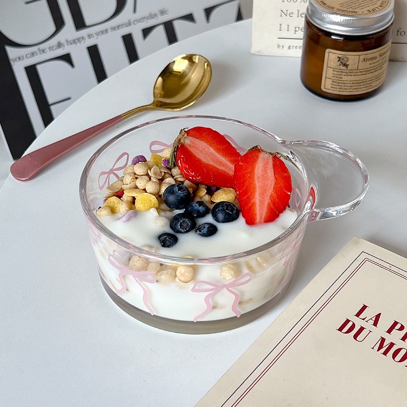 Dessert cup, InS-style bow cup and bowl set, glass cup, cold brew cup, girlish salad bowl, fruit dessert bowl Application Scenario