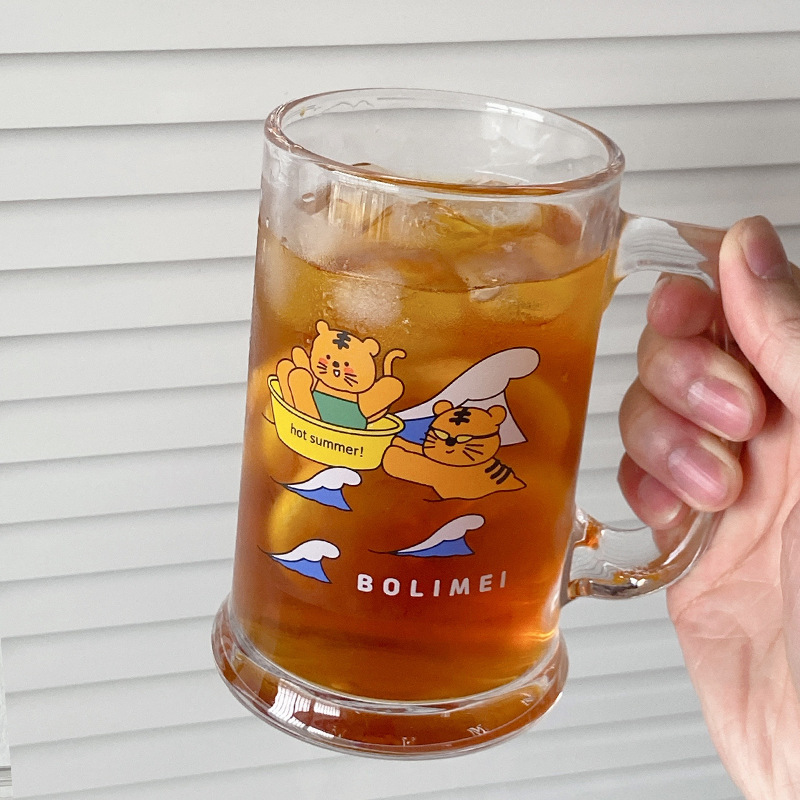 Bolimei's large-capacity glass cups for iced tea by the fire, cute cat and tiger water cups, milk tea cups, beer mugs and cartoon cups details Picture