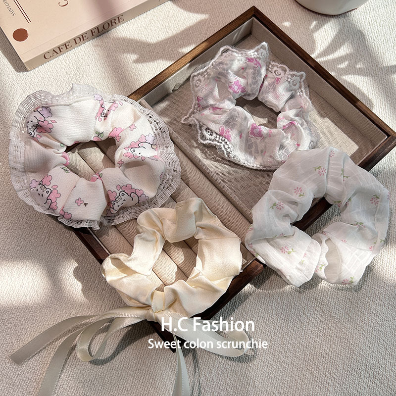 Korean-style fabric blue border floral large intestine hair band, forest-style hair accessory, sweet and cute bun hairstyle for women, new hair accessory Specification drawing