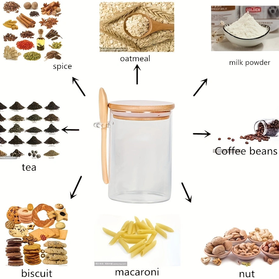 High borosilicate milk oat glass bottle with lid, spoon sealed jar, kitchen seasonings, coarse grains storage glass jar Application Scenario