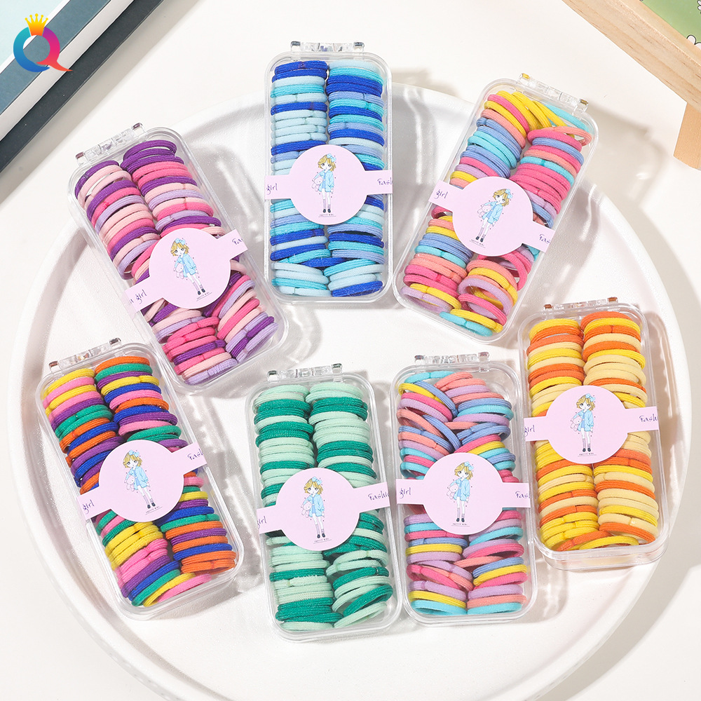 Qiyue Cross-border Boxed children's hair accessories, colorful hair ties, high-elasticity rubber bands, hair ties, hair accessories and hair bands wholesale full figure