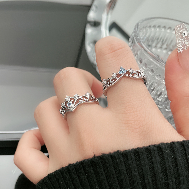 【 Diamond Secret 】 Exquisitely stacked sea blue zircon crown open ring, women's hollowed-out set ring, couple rings details Picture