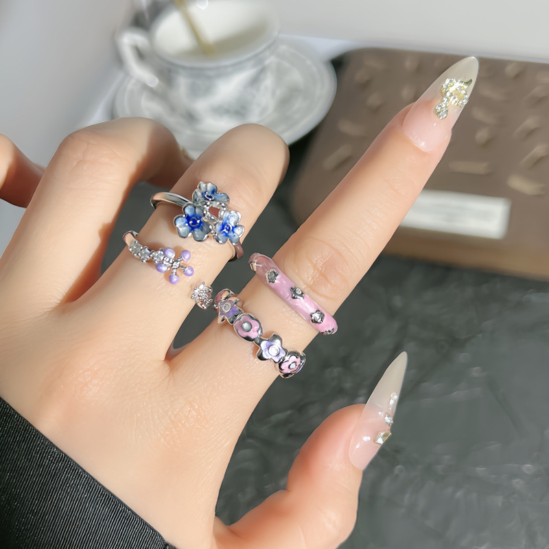 Korean sweet and cool flower pink and purple drip glaze fashionable open ring, a cold and elegant feminine style, a niche, exquisite and versatile ring Specification drawing
