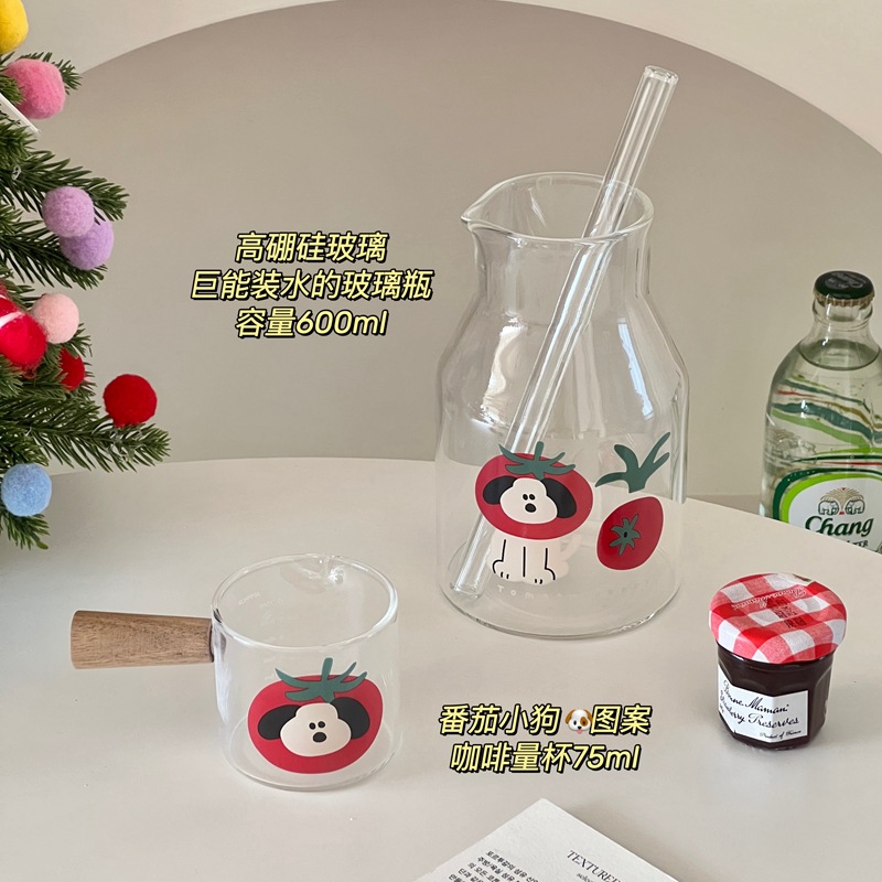 Homemade tomato puppy glass water set, one-person drinking water set, milk cup, glass cup, straw cup, heat-resistant full figure