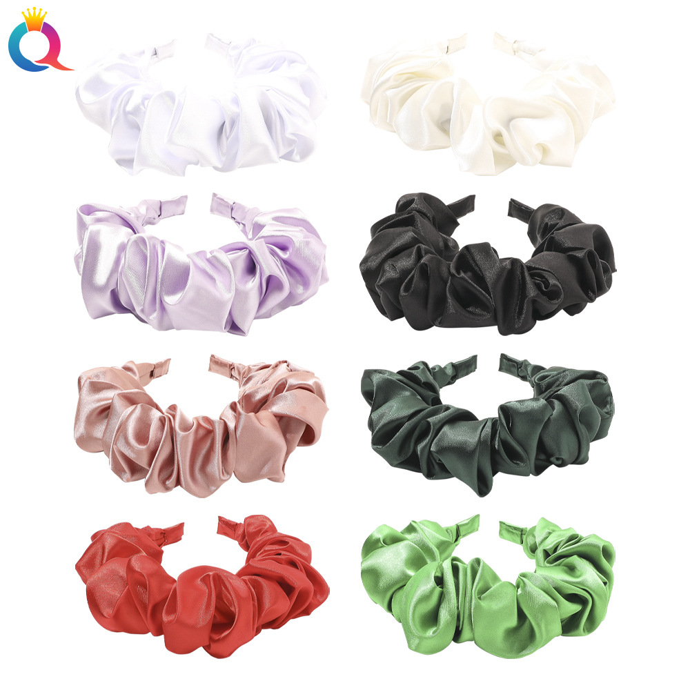 Qiyue Korean Large Intestine pleated hairband, versatile silk-like solid color satin headband, simple and retro hairpin headwear full figure