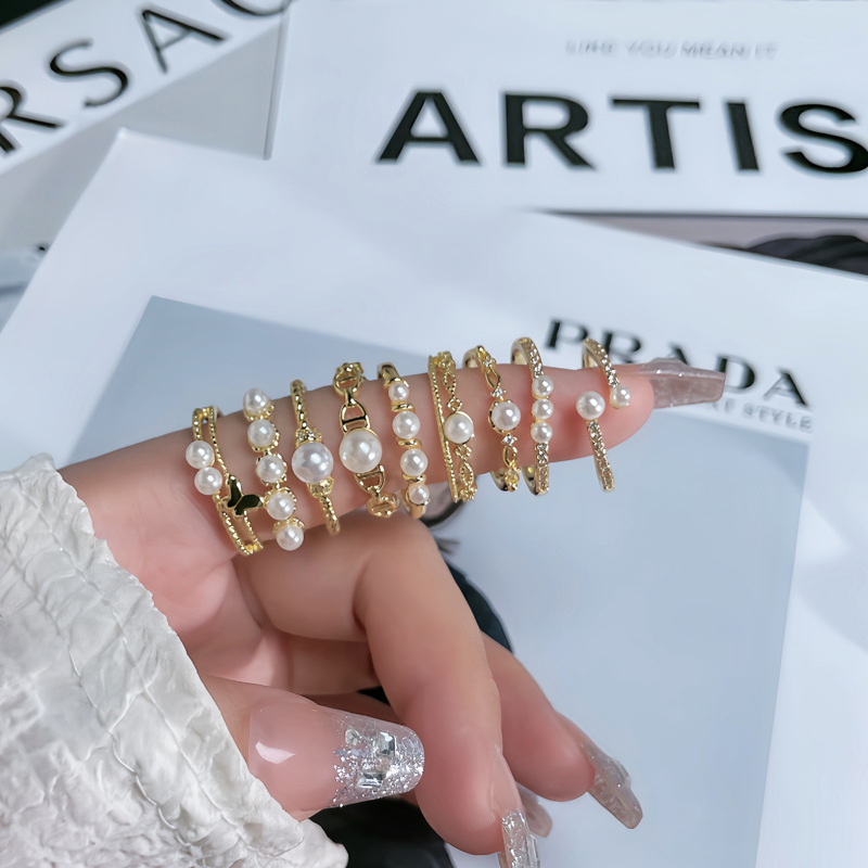 French retro pearl inlaid simple open ring, a fashionable, sweet and cool style for women in Hong Kong, with a unique temperament and a sense of high-end appeal Specification drawing