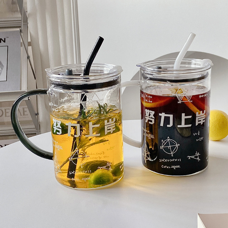 Bolimei Creative 1000ml large-capacity glass water cup with lid and straw printed ins style simple water cup full figure