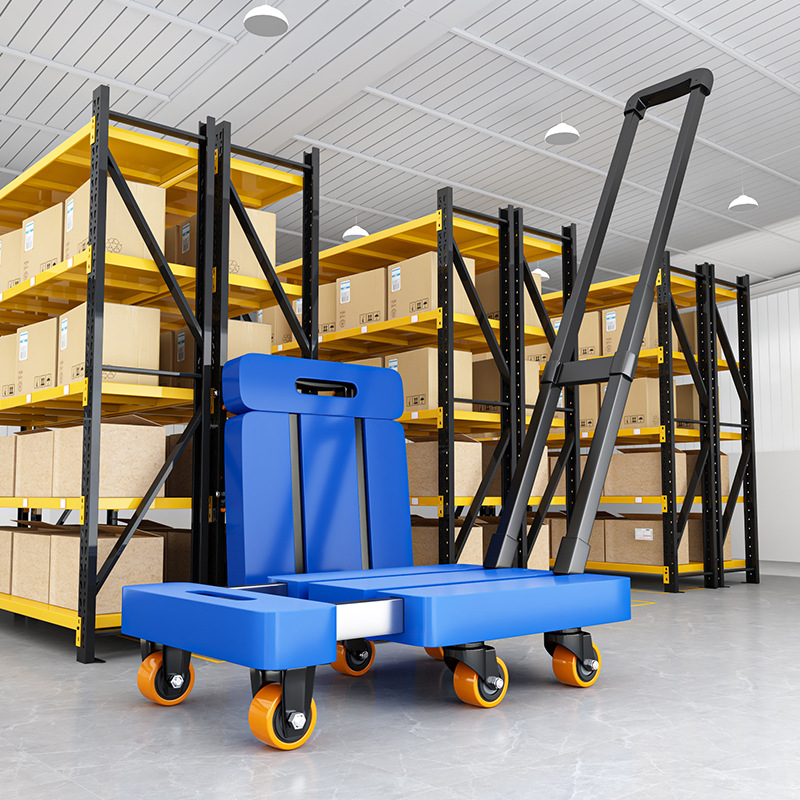 Telescopic pull rod flatbed cart, folding silent handcart, express delivery cargo trolley, six-wheel small trolley, thickened trailer details Picture