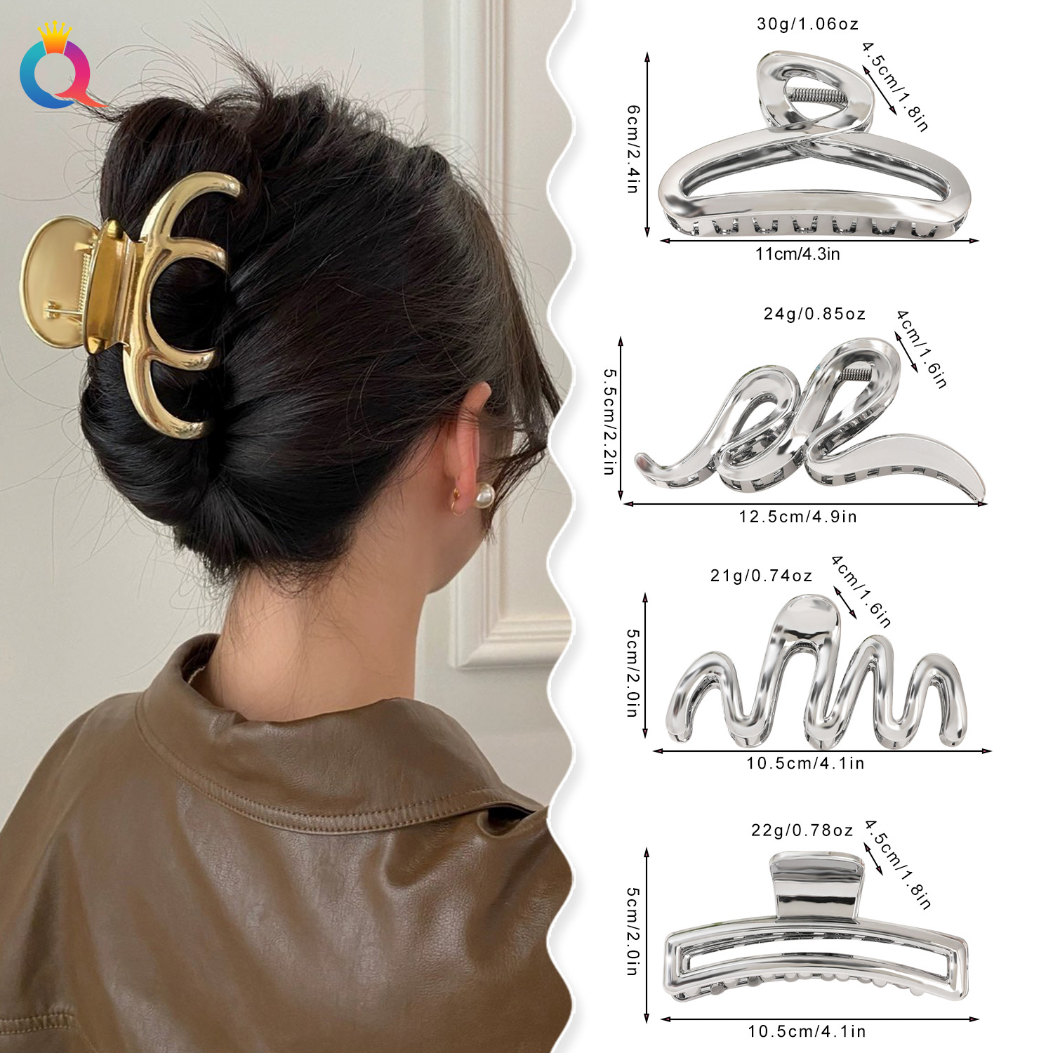 Qiyue Cross-border Simple Hair Clip, Metal style, large scratch-off clip, retro style, high-end feel, cross shark clip hair accessory wholesale details Picture