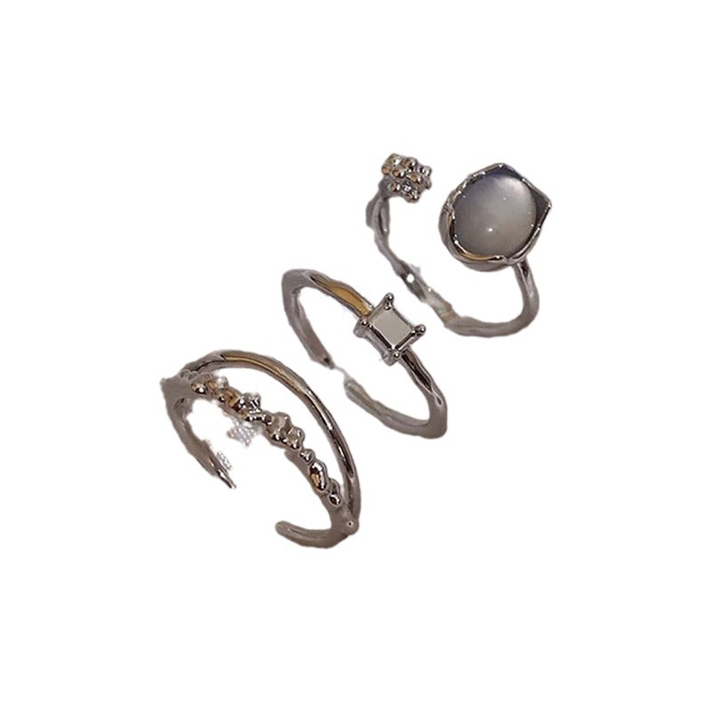 Three-piece ice-transparent cat's eye ring set, a niche design for women, with a high-end and cold style index finger ring, a fashionable and individual ring Item Picture