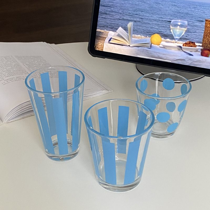 Homemade retro and fresh ins glass cups, blue striped polka dot simple water cups, milk cups, and niche coffee cups full figure