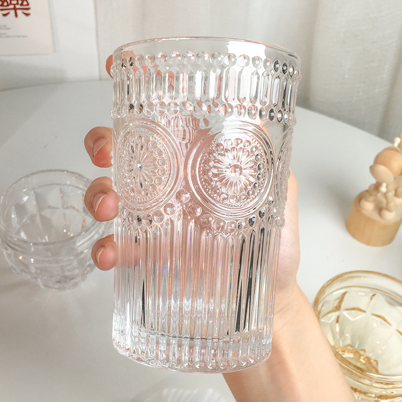 Gold-rimmed sunflower glass cups, women's Ins-style gifts, Japanese embossed beer cups, household vintage water cups wholesale details Picture