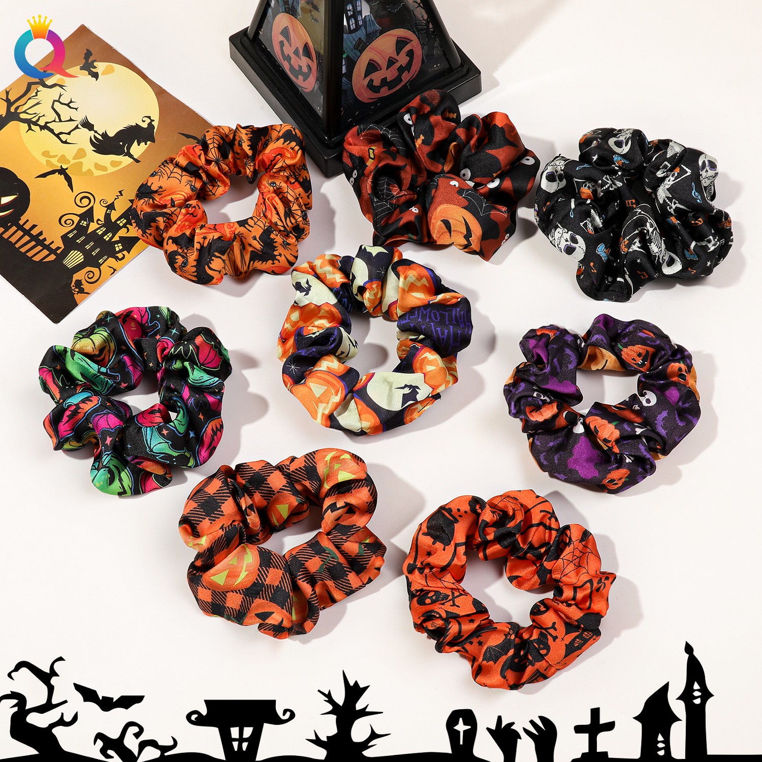 Qiyue European and American Halloween Large Intestine Hair bands, pumpkin hair ties, skull heads, fabric spring clips, holiday hair accessories for women wholesale full figure