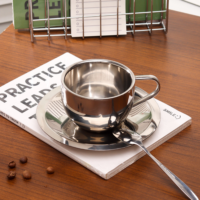 304 stainless steel Milan-style coffee cup set, double-layer cup, restaurant tea cup, industrial-style milk cup, three-piece set details Picture