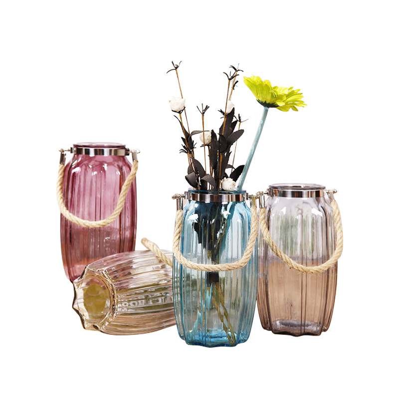 European simple country style, hemp rope hanging ring, colorful vase, home decoration, hydroponic flower vase, flower arrangement glass bottle, living room ornaments Item Picture