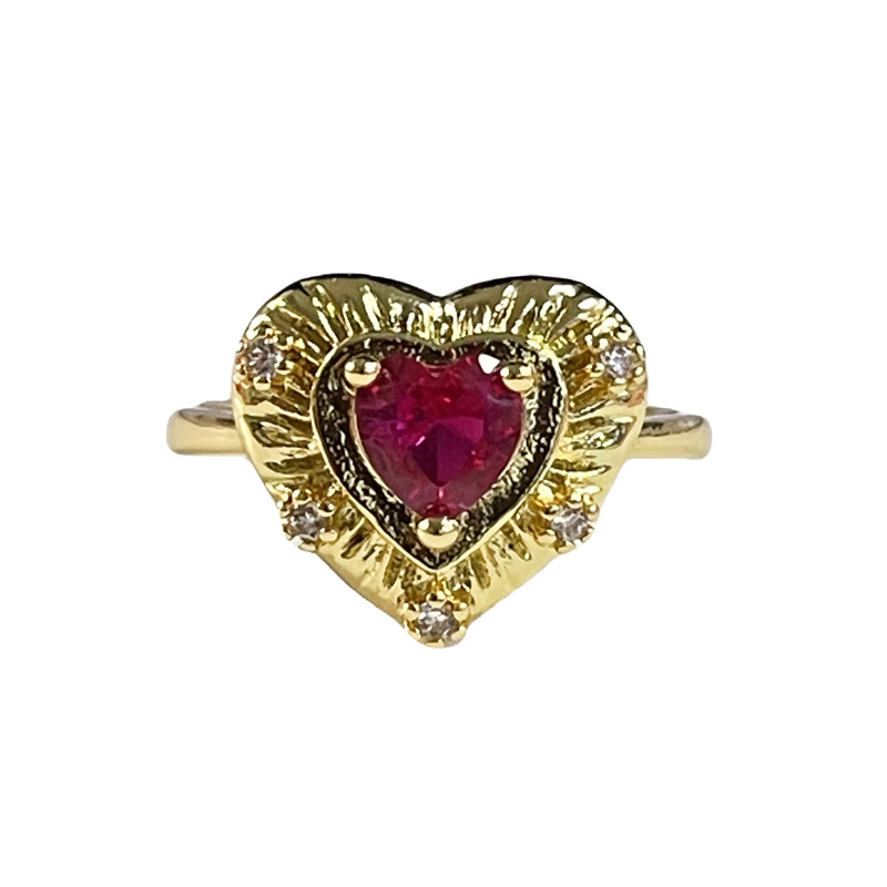 Retro heart-shaped red diamond elegant open ring, ins cold style, fashionable and high-end texture, versatile and personalized index finger ring Item Picture