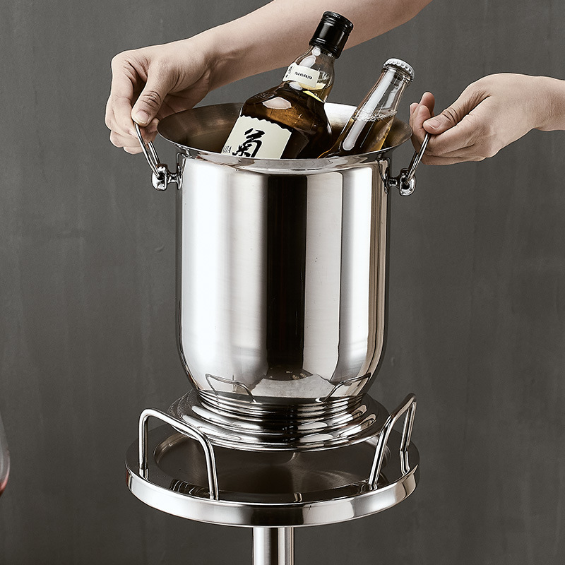 European-style champagne barrel rack, stainless steel KTV bar ice bucket, household ice granule bucket with rack, luxury wine bucket with stand Specification drawing