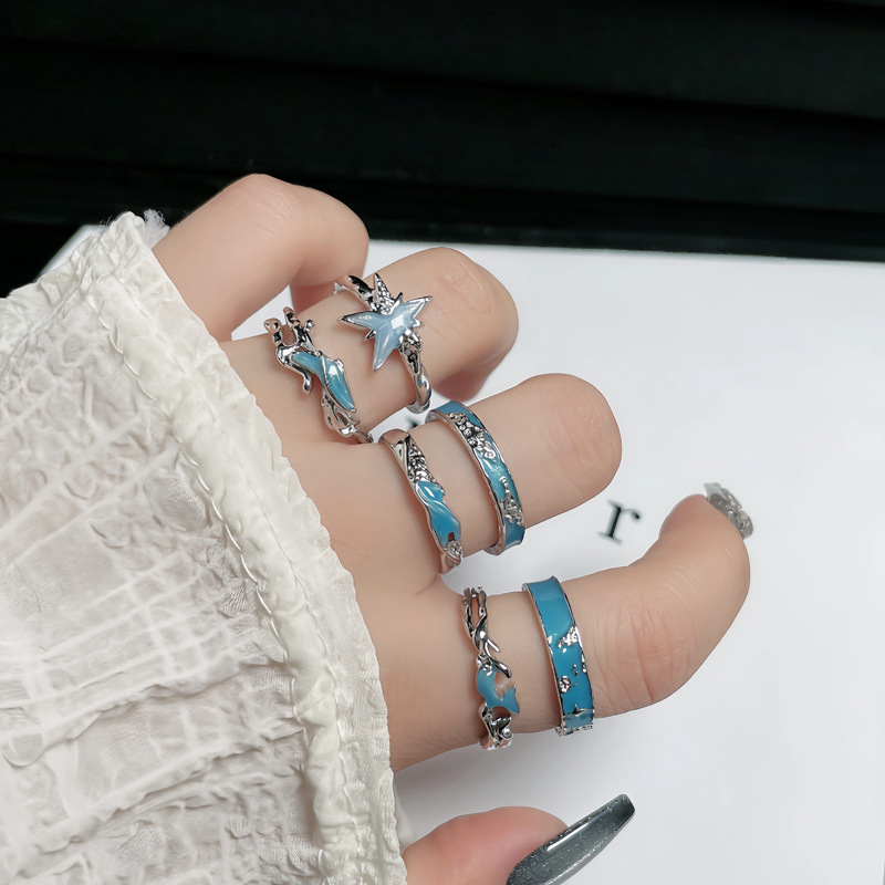 The new blue glazed splash fish tail open ring with an irregular map, simple and niche, layered couple ring trend details Picture