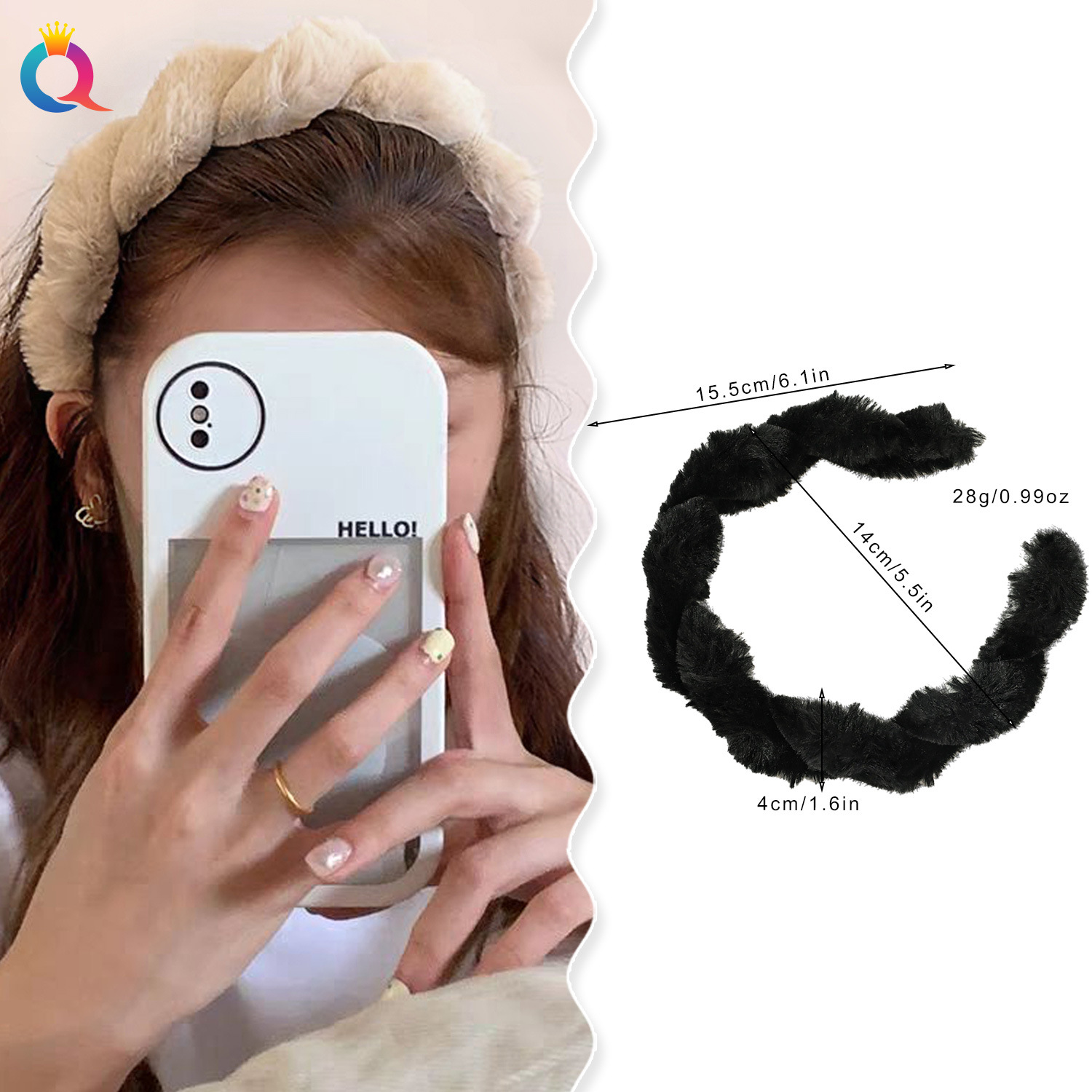 Qiyue Cross-border Autumn and Winter plush hairband for women, high-end look, high top of the head, face washing, hair pressing, headband, hair clip, hair accessory wholesale details Picture