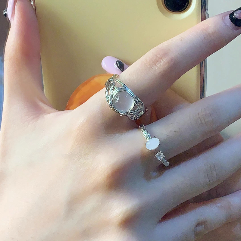 Simple and individual moonstone open ring, hollowed-out cold style, niche design, plain ring index finger ring, adjustable band full figure