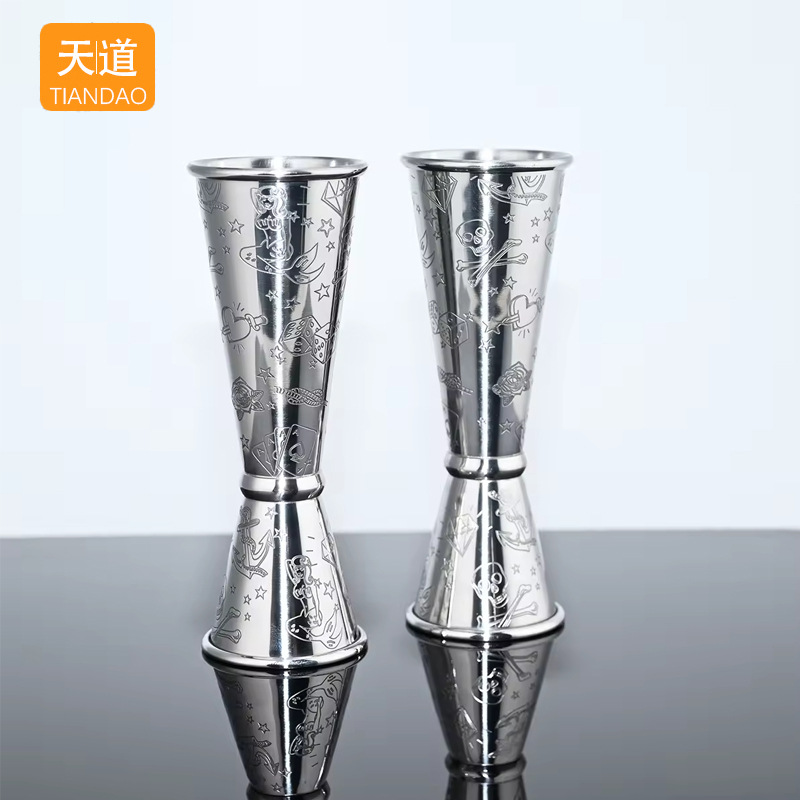 304 stainless steel measuring cup, ANSI cup, double-head wine measuring device, etched pattern, 30/60 rolled edge, slanted body, wine glass mixing tool full figure