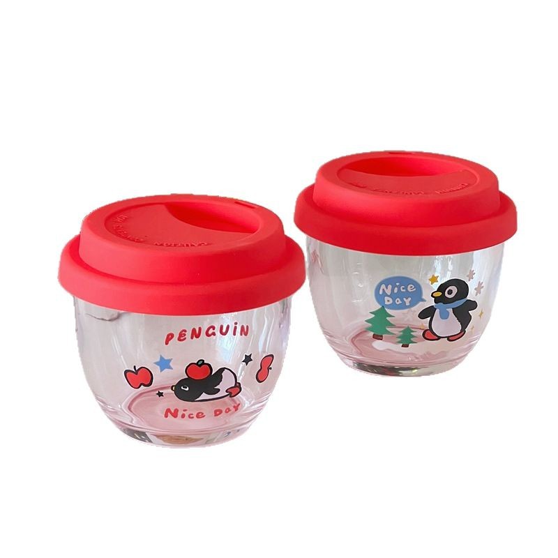 High appearance level glass cup, coffee cup, penguin water cup with lid, cold brew cup, cute and girlish glass cup for girls Item Picture