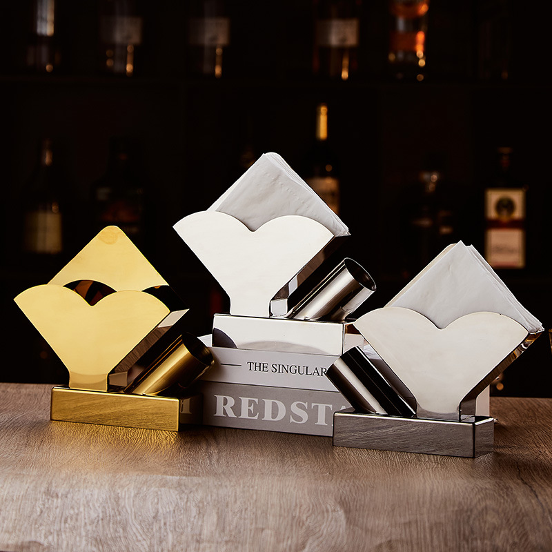 Thickened stainless steel Western cuisine tissue holder, golden tissue holder for coffee shops and hotels, bar and KTV countertop tissue holder Application Scenario