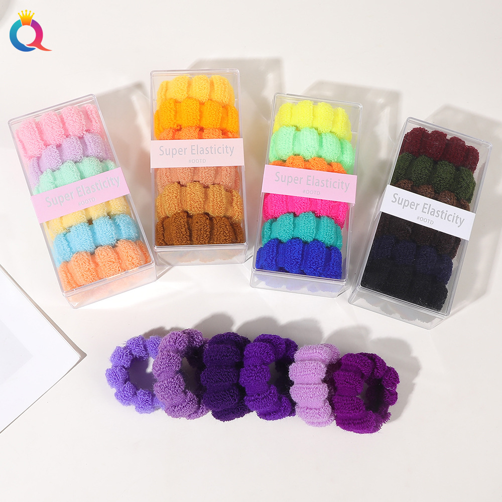 Wholesale of Qiyue's new high-elasticity basic towel band, seamless hair band, large and thick hair tie, 6 pieces of box-packed rubber bands Specification drawing