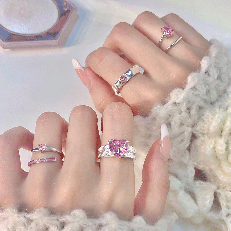 Sweet and cool pink heart-shaped zircon ring for women, full diamond sweet style ring, fashionable and versatile open ring details Picture