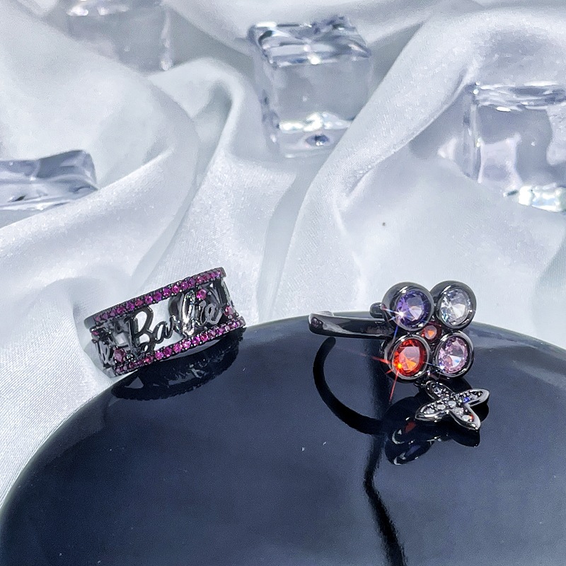 European and American dark punk retro set open ring, women's colored diamond zircon ins style, fashionable and versatile ring trend details Picture