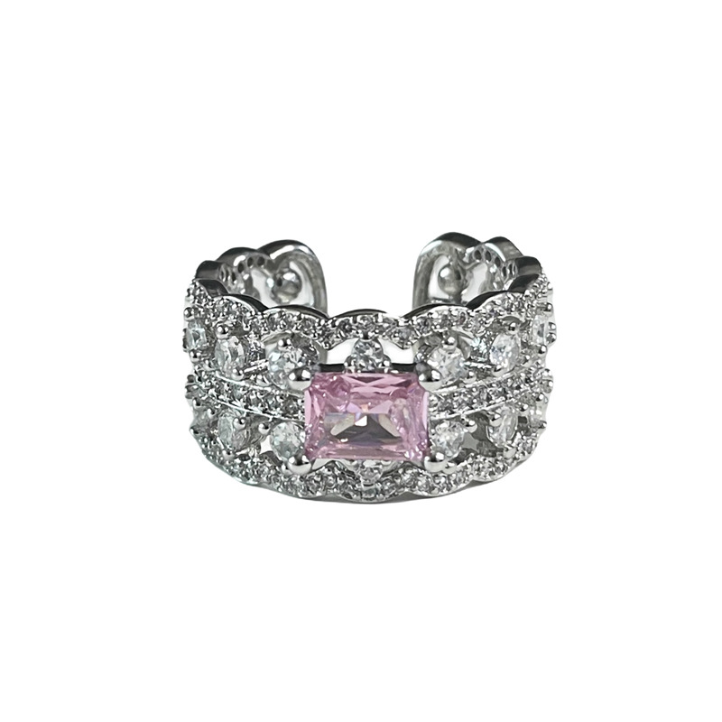 Sweet and cool pink diamond heart-shaped opening ring for women, with a unique design sense, light luxury, fashionable, exquisite and individual index finger ring Item Picture