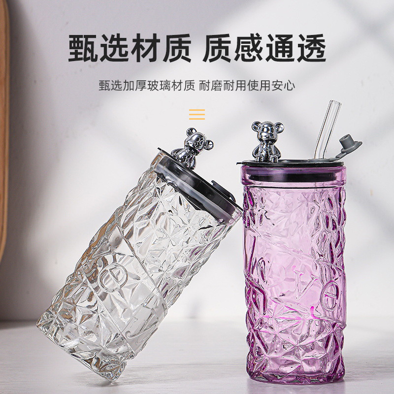 New glass straw water cup with high appearance level, bear straw cup, office home diamond cup, cute and creative cup Specification drawing