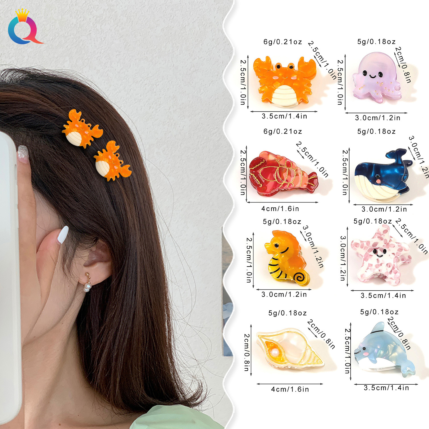 Qiyue Cross-border Acetic Acid Small Hair clips, Marine biological bangs, side clips, hair curls, claw clips, shark clips, hair accessories wholesale details Picture