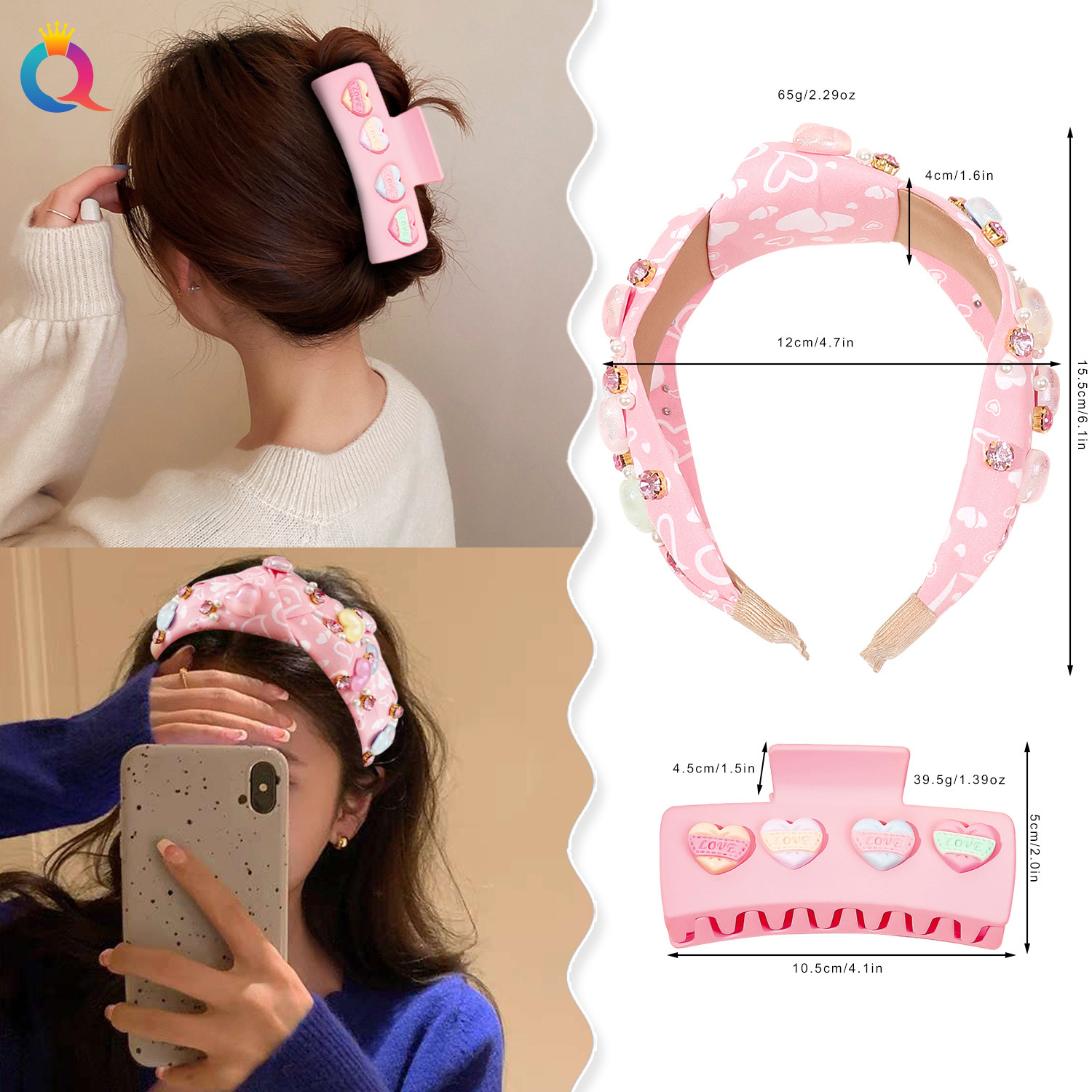 Qiyue Cross-border Valentine's Day hair Band, Pink heart-shaped hair clip, fabric wide edge headband, women's grab clip, shark clip wholesale details Picture