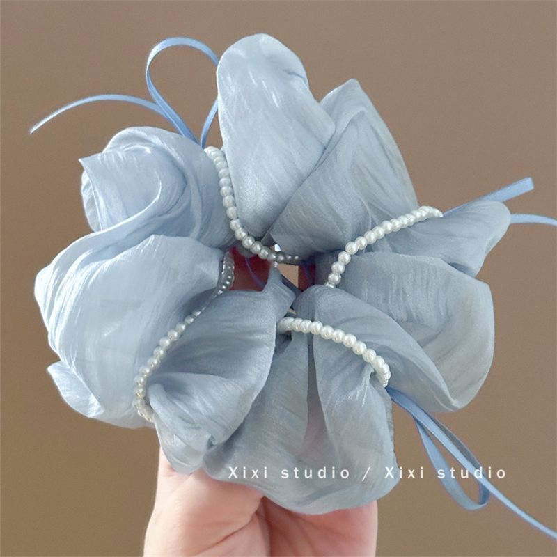 The serene starry sky! Blue butterfly pearl large intestine hair band! High-end satin hair tie ponytail updo for women Application Scenario