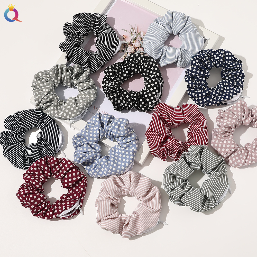 Qiyue European and American small dot striped zipper large Intestine ring Cross-border e-commerce Amazon head ring hair accessory wholesale details Picture