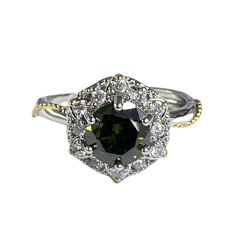 Cross-border retro light luxury olive green zircon open ring for women's Instagram cold style texture geometric sweet cool index finger ring Item Picture
